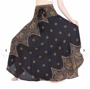 Navy & Gold Paisley Maxi Skirt with tassel Drawstring smoked Waist